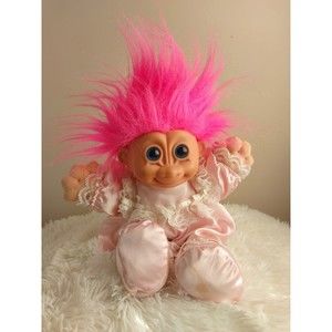 Russ Berrie Troll Kidz Doll 12” Troll Girl Doll Pink Hair Pink Satin Dress